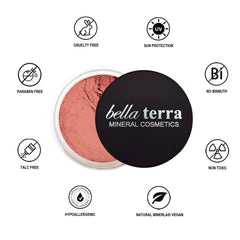 Bellaterra Cosmetics Mineral Loose Blush illuminating-finish adds a gentle glow for day-to-night looks.