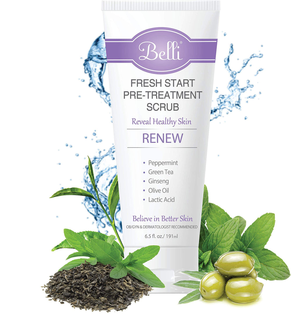 Belli Fresh Start Scrub ingredients featuring green tea, ginseng, peppermint oil for refreshed skin.
