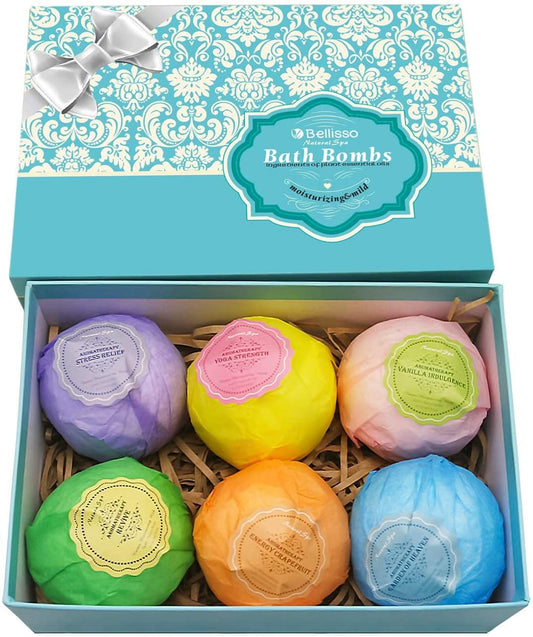 Bellisso bath bombs six-pack resting in a tub for relaxation benefits.