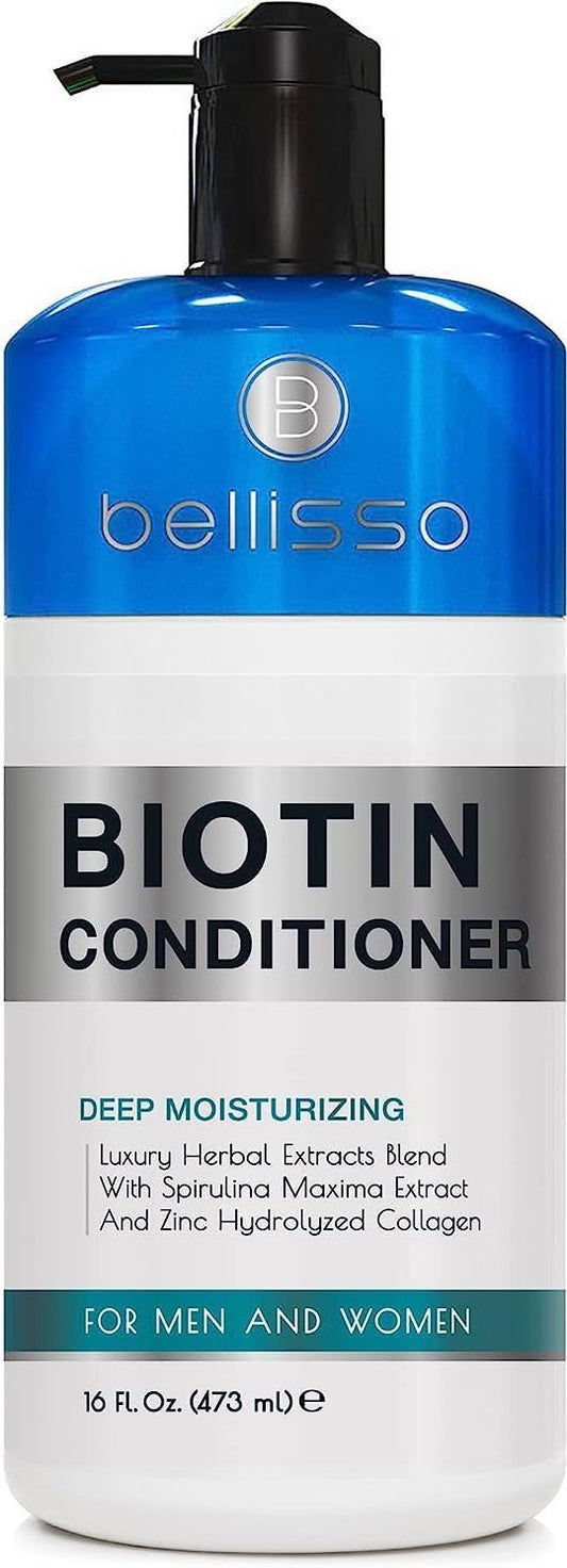 Bellisso Biotin Conditioner bottle pouring, showcasing creamy hydration for hair