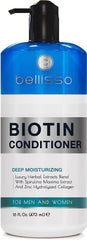 Bellisso Biotin Conditioner bottle pouring, showcasing creamy hydration for hair