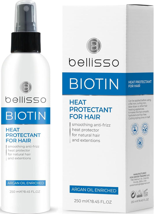 Bellisso biotin heat protection bottle guarding hair during blow-drying for smoother styling.