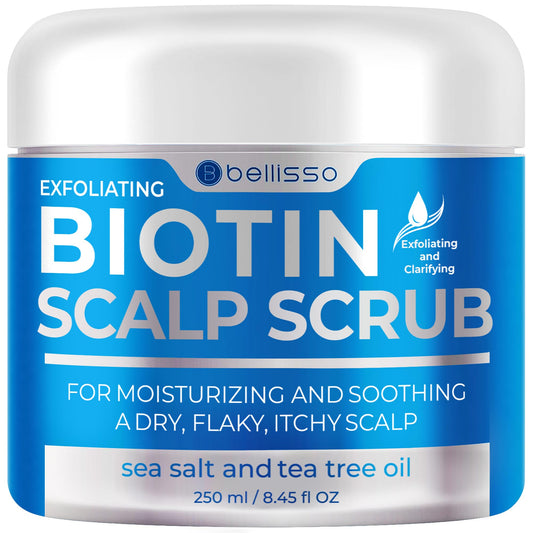 Bellisso Biotin Scalp Scrub bottle close-up showing exfoliating formula for buildup relief.