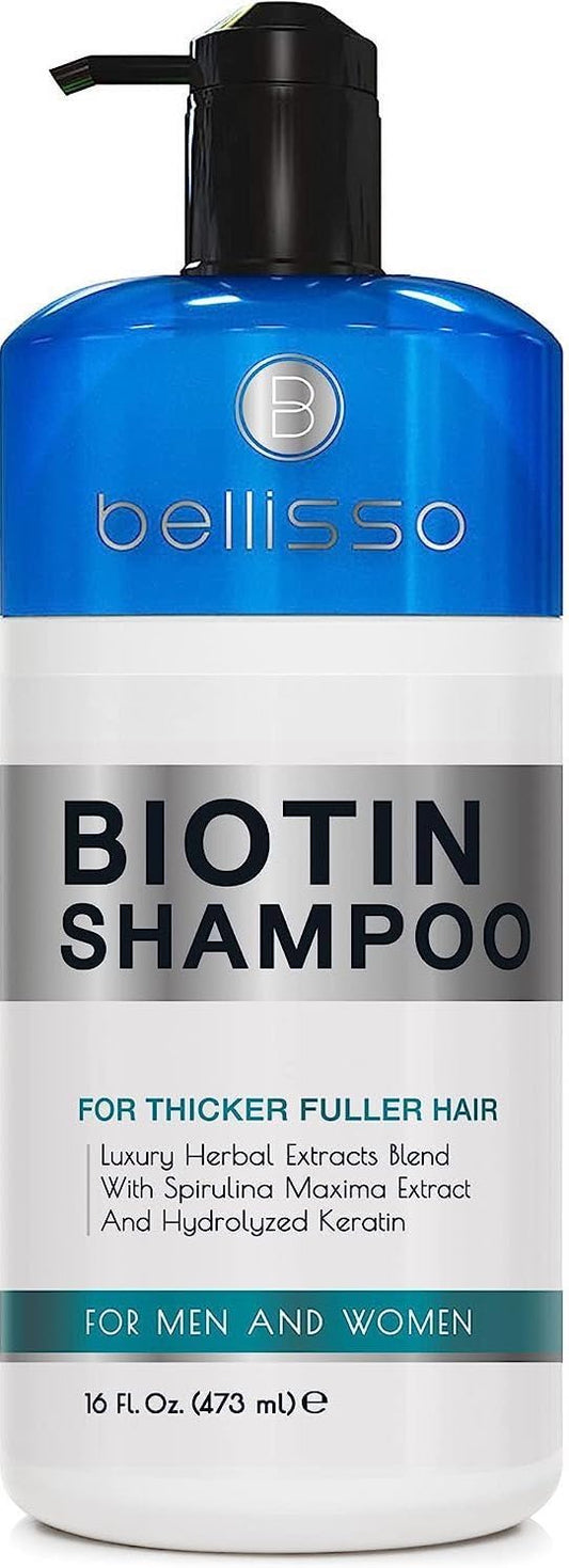 Bellisso Biotin Shampoo bottle close-up shows a premium sulfate-free formula for thicker hair.
