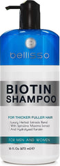 Bellisso Biotin Shampoo bottle close-up shows a premium sulfate-free formula for thicker hair.