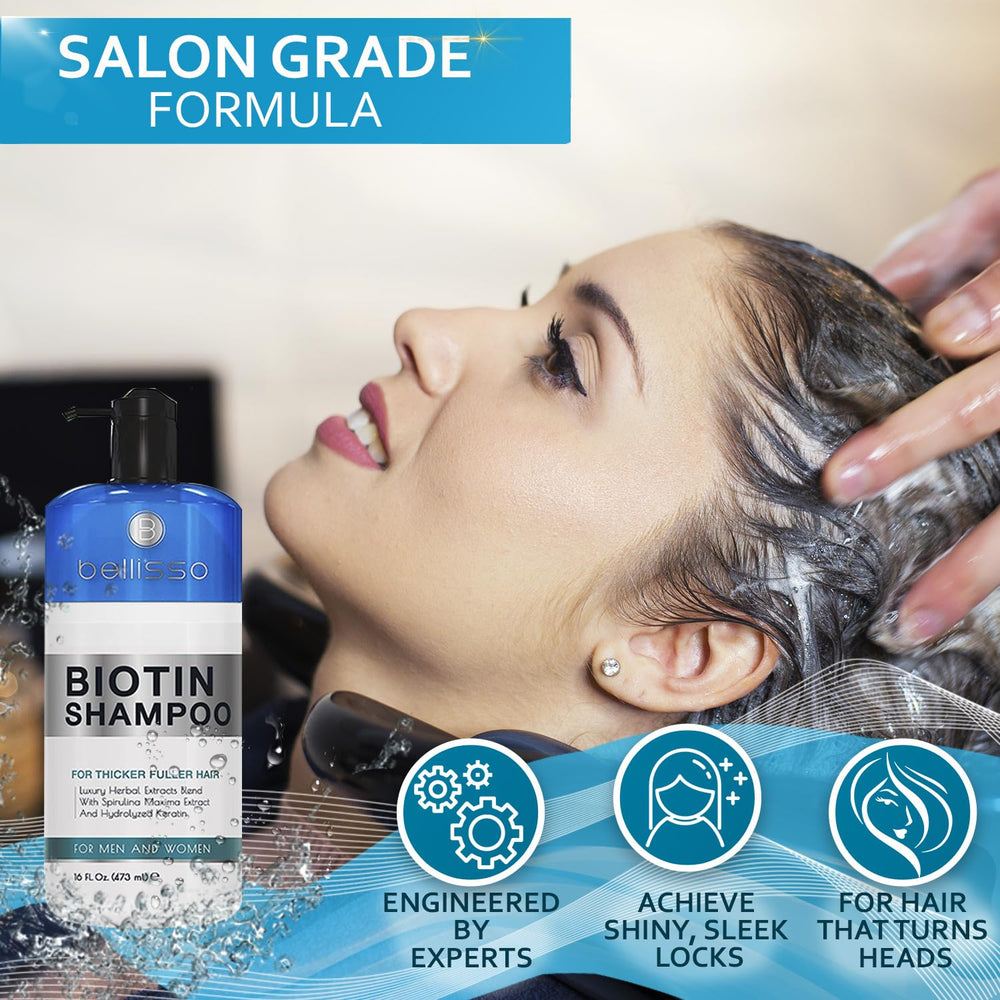Bellisso Biotin Shampoo sulfate-free label emphasizes gentle care for sensitive scalps.