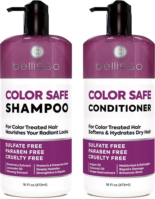 Bellisso color-safe shampoo bottle front boosts color vibrancy and longevity.