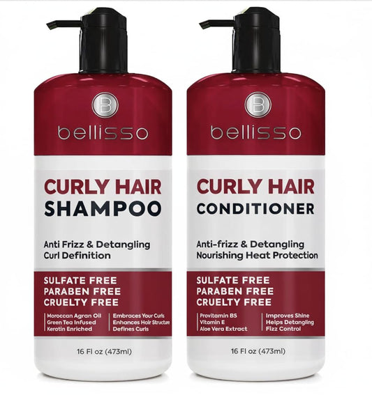 Bellisso curly shampoo bottle showing product for defined curls and hydration