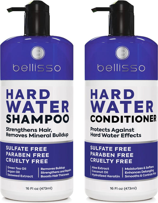 Bellisso hard water shampoo bottle removes mineral buildup while hydrating and refreshing hair.