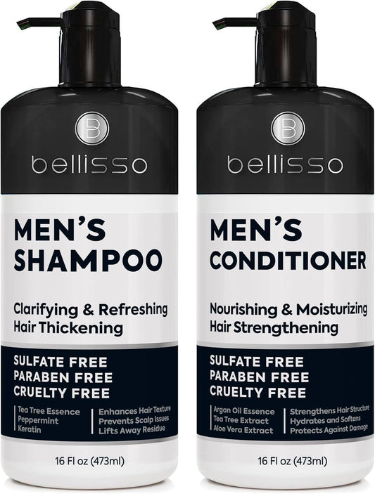 Bellisso men's shampoo bottle front view highlighting deep cleansing action.