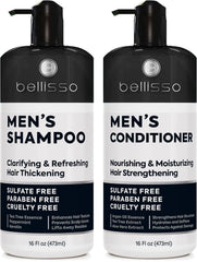 Bellisso men's shampoo bottle front view highlighting deep cleansing action.