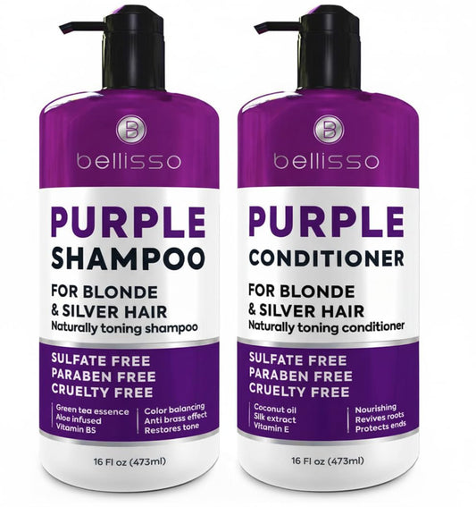 Bellisso Purple Shampoo bottle close-up showing toning for platinum and silver hair.