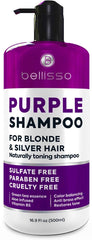 Bellisso purple shampoo bottle front, toning formula to reduce brassiness on color-treated hair