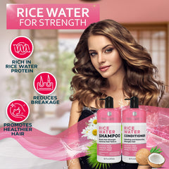 Bellisso Rice Water Conditioner bottle pouring for smoother, fuller hair.