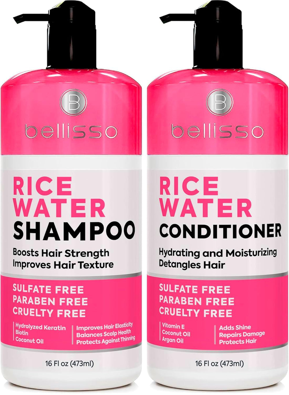 Bellisso Rice Water Shampoo bottle pouring to strengthen and reduce breakage.