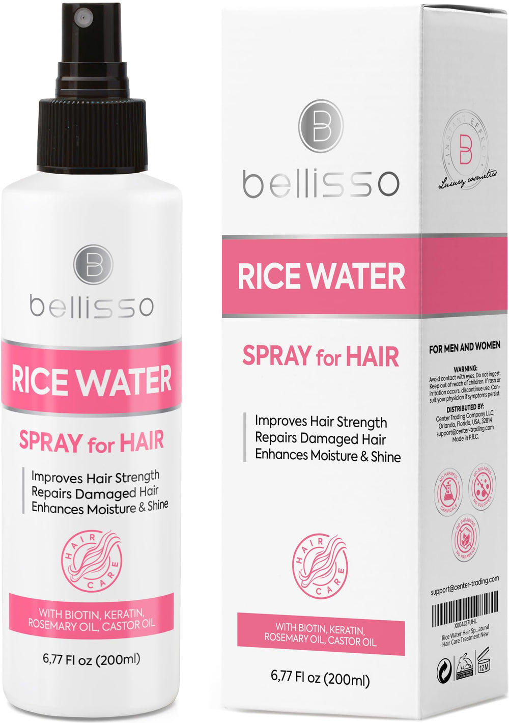 Bellisso Rice Water Spray bottle front view showing thickening potential.