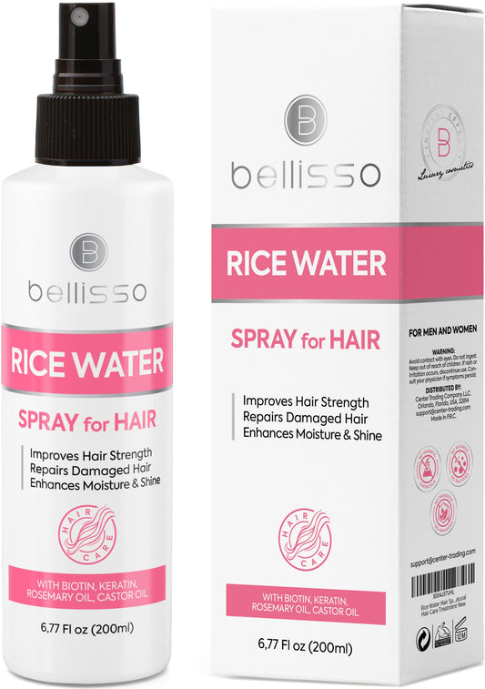 Bellisso Rice Water Spray bottle front view showing thickening potential.