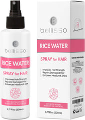 Bellisso Rice Water Spray bottle front view showing thickening potential.