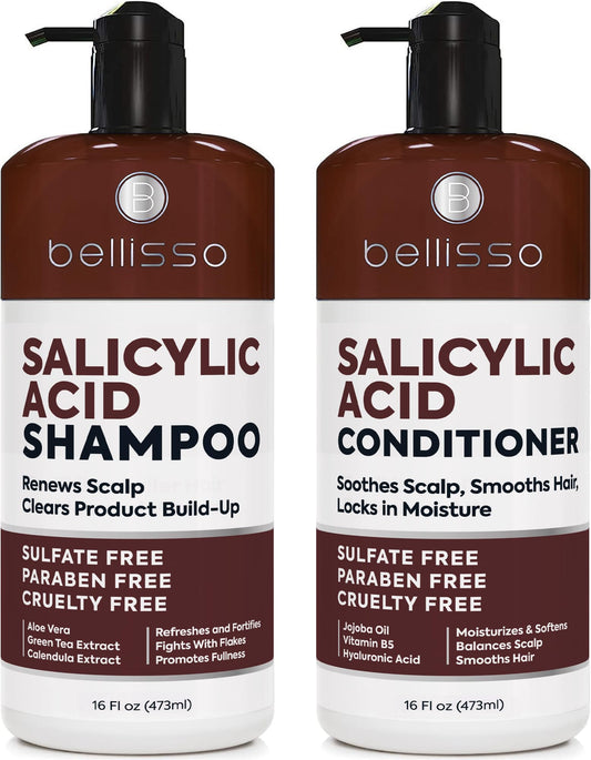 Bellisso Salicylic Acid Shampoo bottle demonstrates exfoliation for a refreshed scalp.