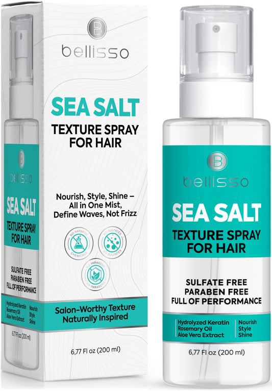 Bellisso Sea Salt Spray bottle shown for travel-size styling with touchable volume