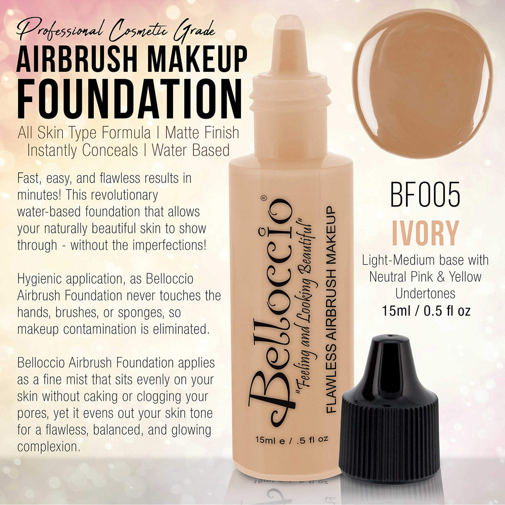 Belloccio airbrush foundation swirl application closeup showing silky texture and blendability.