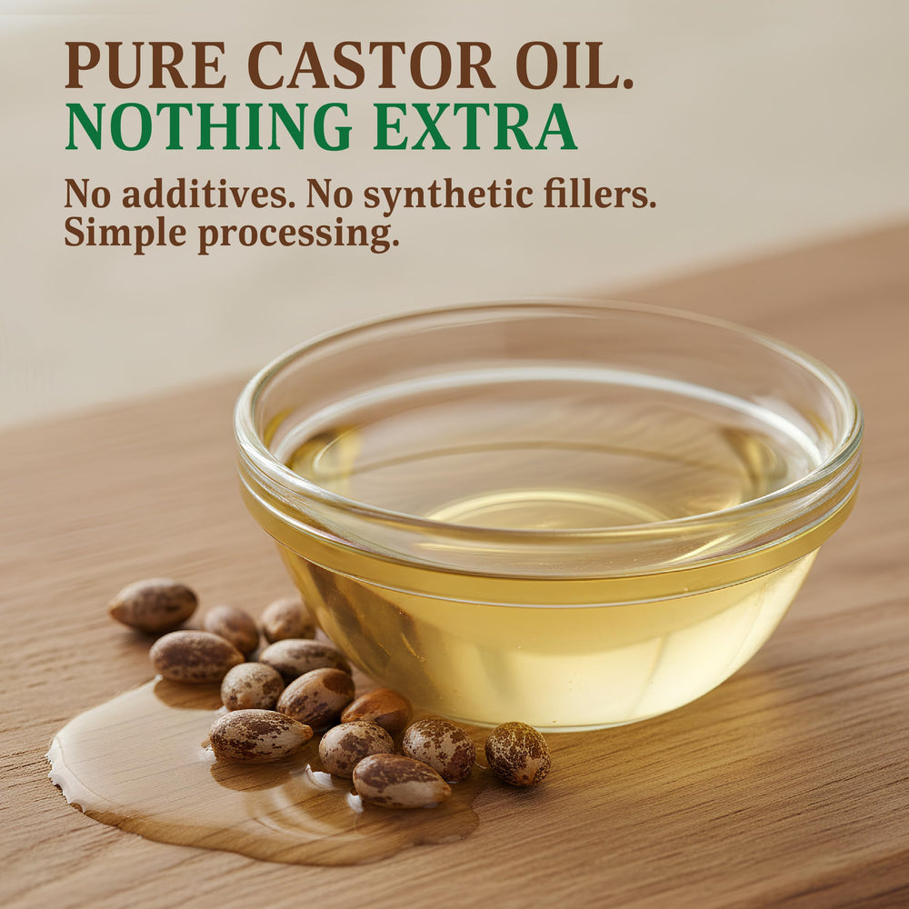 BELMAK organic castor oil close-up showing clear amber glass.