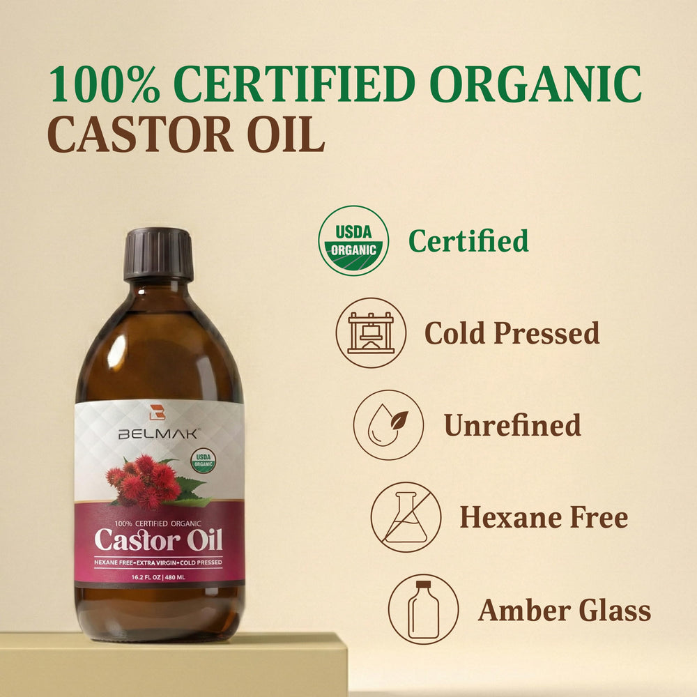 BELMAK castor oil label highlights purity and hexane-free formula.
