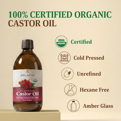 BELMAK castor oil label highlights purity and hexane-free formula.