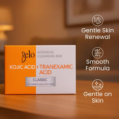 Belo Essentials cleansing bar on display with three-pack configuration for home use.