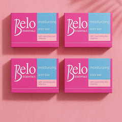 Belo Essentials packaging design with brand colors highlights premium skincare ritual.