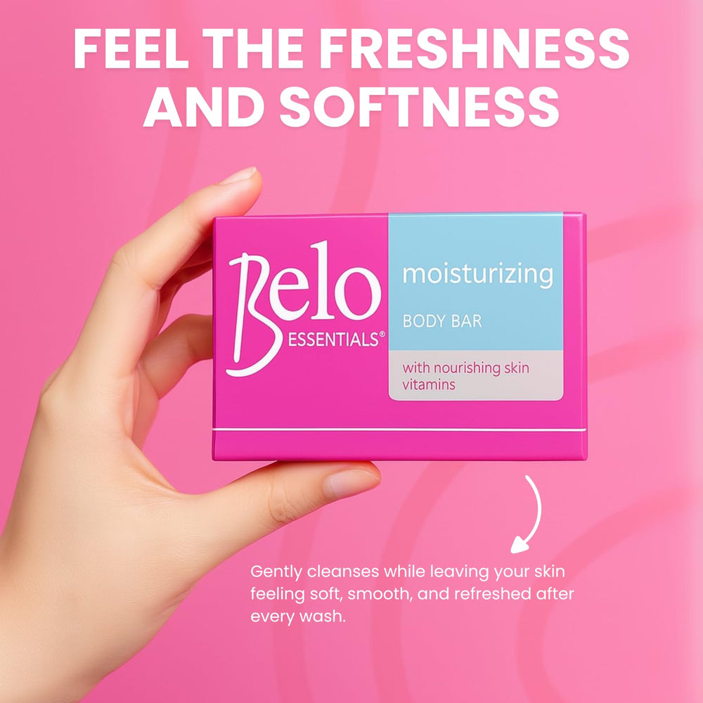 Belo Essentials moisturizing body bar foil-wrapping detail suggests freshness.
