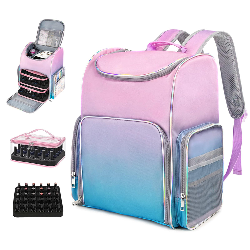 Beloving Nail Polish Organizer Backpack holds up to 60 bottles securely while traveling.