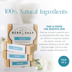 Unscented Bend Soap Company goat milk soap bar being lathered for gentle cleansing.