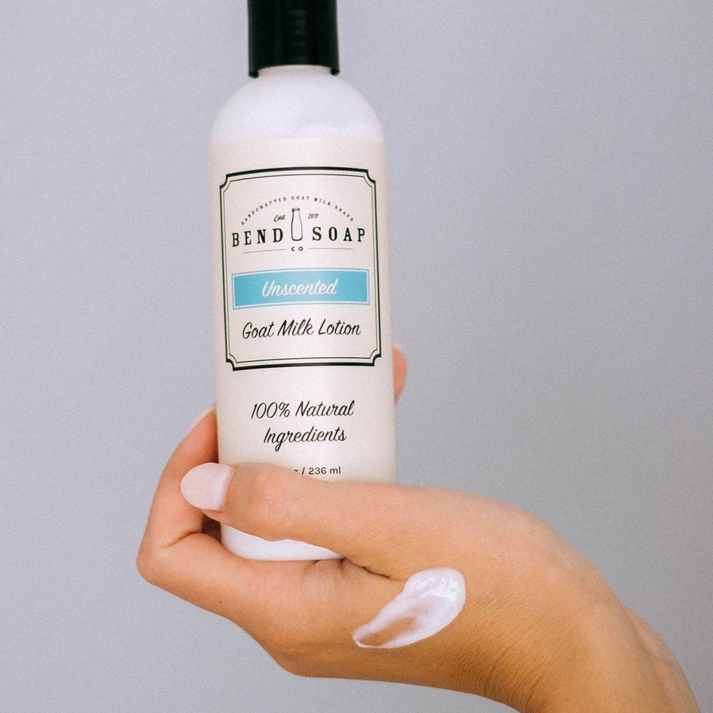 Bend Soap Company Unscented Goat Milk Lotion applied to hands soothing dry itchy skin