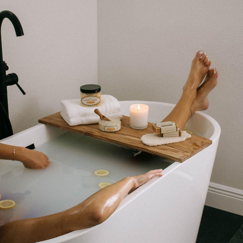 Bend Soap Company Almond Delight Milk Bath gift-ready set on countertop.