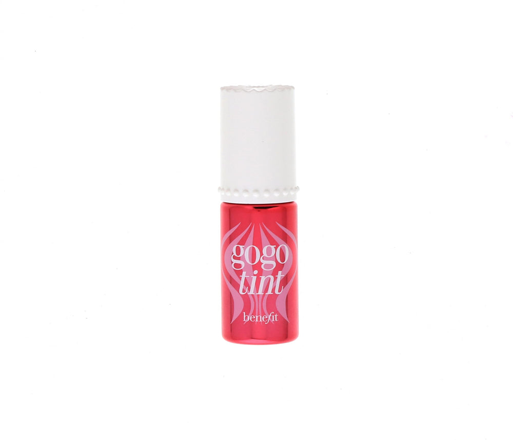 Benefit Gogo Tint on lips with vibrant cherry flush and shine