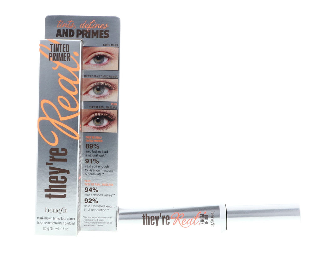 Benefit They're Real tinted lash primer packaging highlights travel friendly design.