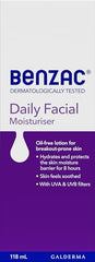 Benzac Daily Moisturiser bottle top view showing non-greasy fragrance-free formula