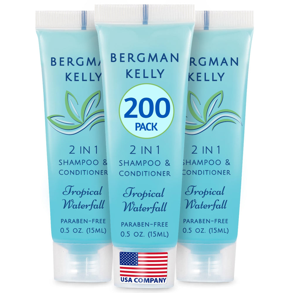 Bergman Kelly travel-size 2-in-1 bottle with tropical waterfall scent for guests