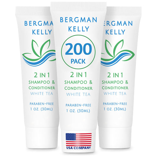 BERGMAN KELLY travel-size bottle pour demonstrates compact 1oz design ideal for guest rooms