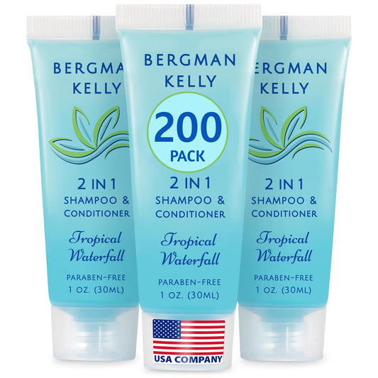 Bergman Kelly travel-size 2-in-1 shampoo bottle with tropical waterfall scent for guest bathrooms.