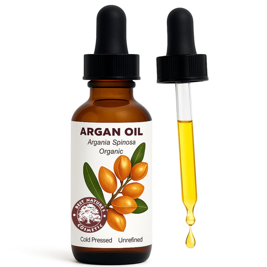 Best Nature's Cosmetics Argan Oil bottle in amber glass for frizz control and shine