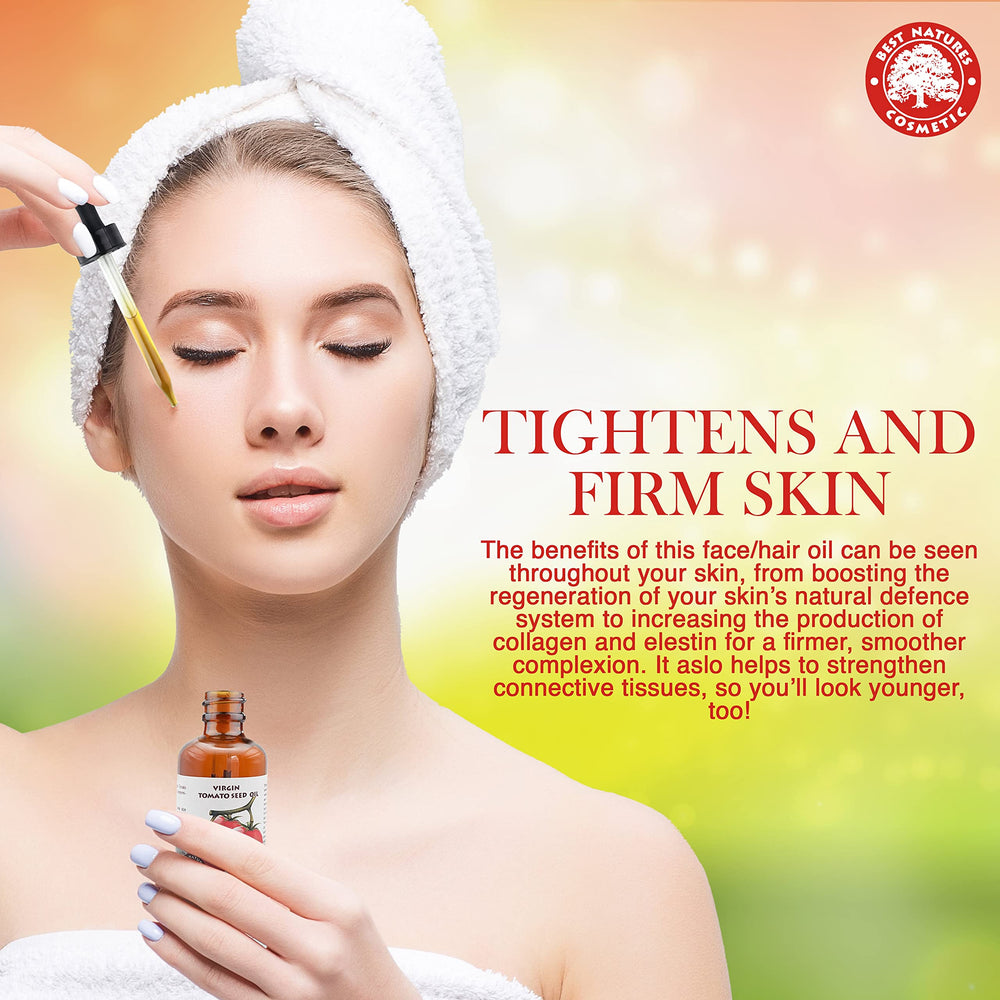 Best Nature's Cosmetics tomato seed oil applied to face for soothing moisture.
