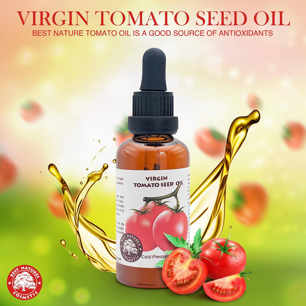 Best Nature's Cosmetics tomato seed oil ingredients panel highlighting natural, unrefined formula.