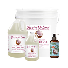 Best of Nature fractionated coconut oil bottle on linens that washes out easily.