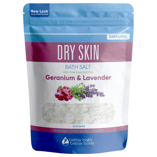Better Bath Better Body dry skin bath salt jar showing premium Epsom salts for soothing relief.