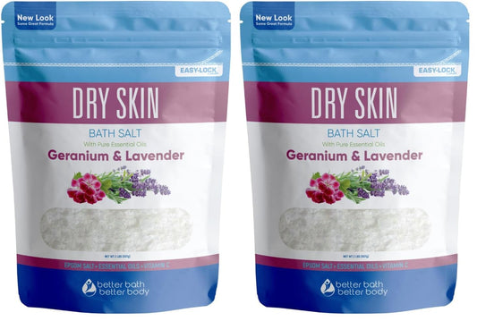 Better Bath Better Body dry skin bath salt packaging in BPA-free pouch for easy storage.