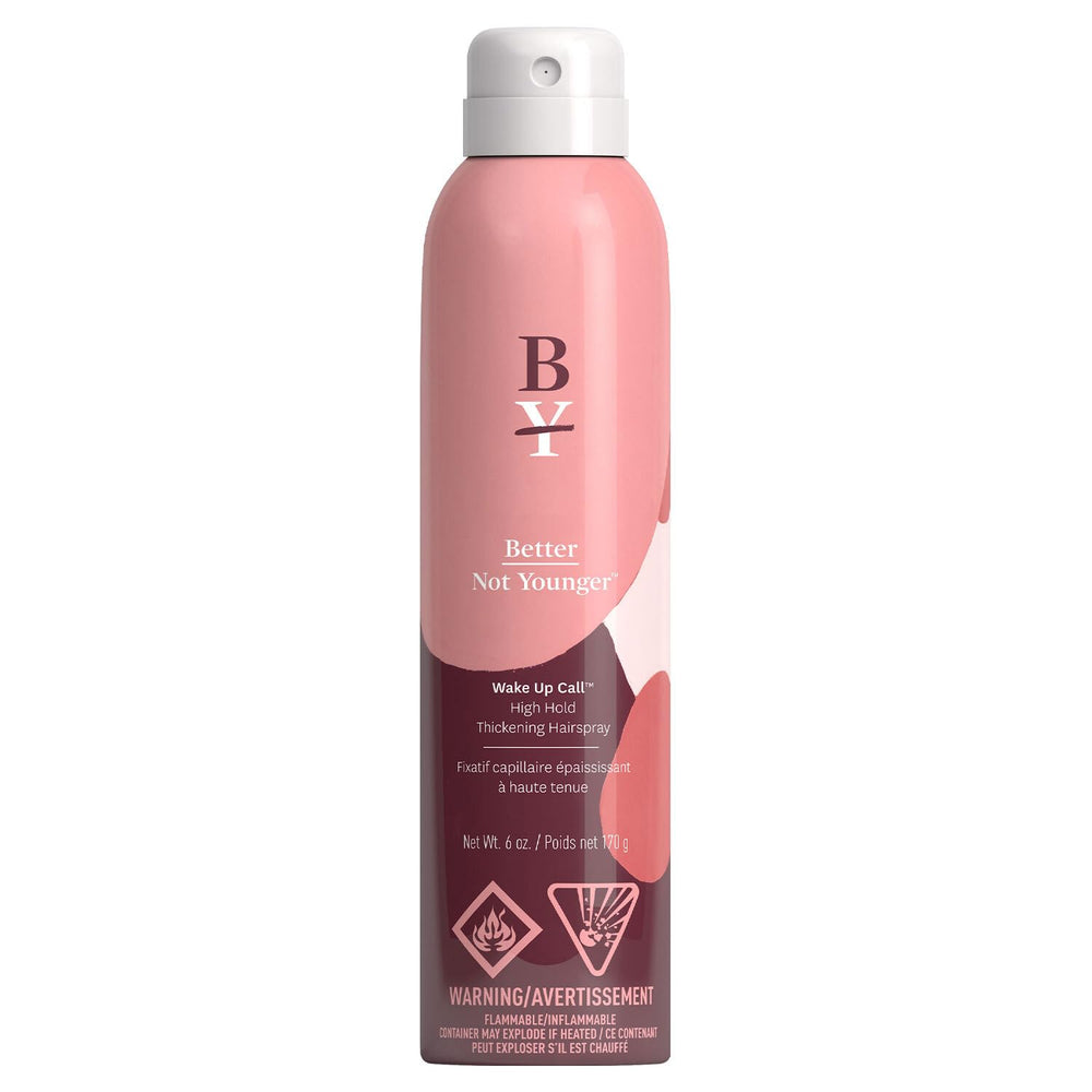 Better Not Younger hair thickening hairspray bottle offers instant volume and flexible hold.
