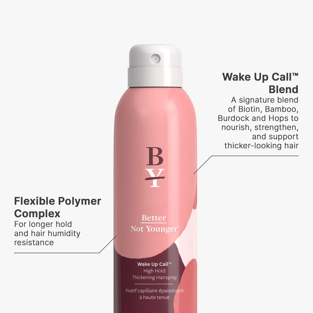 Better Not Younger hair thickening hairspray shown at roots for lift and volume.