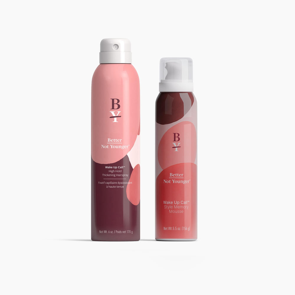 Better Not Younger Wake Up Call Style Memory Mousse bottle delivering lift with flexible hold.